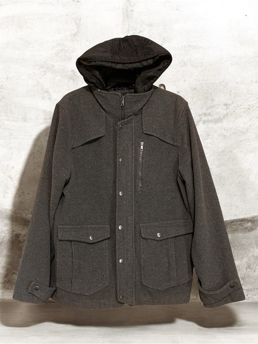 Men's Hooded Wool-Blend Winter Pea Coat - Charcoal Colored Silky Lined